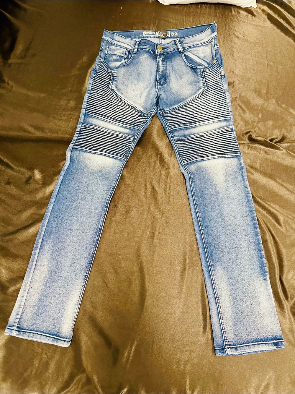 Classic Denim & Rivets Men’s Slim Fit Light Blue Biker Ribbed Panel Knee Jeans
